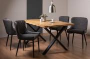 The Bentley Designs Ramsay Rustic Oak Effect Melamine 6 Seater Dining Table with X Leg & 4 Cezanne Dark Grey Faux Leather Chairs with Sand Black Powder Coated Legs