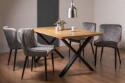 The Bentley Designs  Ramsay Rustic Oak Effect Melamine 6 Seater Dining Table with X Leg & 4 Cezanne Grey Velvet Fabric Chairs with Sand Black Powder Coated Legs