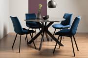 The Bentley Designs Hirst Grey Painted Tempered Glass 4 Seater Table & 4 Fontana Blue Velvet Fabric Chairs with Grey Hand Brushing on Black Powder Coated Legs