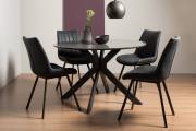 The Bentley Designs Hirst Grey Painted Tempered Glass 4 Seater Dining Table & 4 Fontana Dark Grey Faux Suede Fabric Chairs with Grey Hand Brushing on Black Powder Coated Legs 