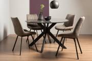 The Bentley Designs Hirst Grey Painted Tempered Glass 4 Seater Table & 4 Fontana Tan Faux Suede Fabric Chairs with grey Hand Brushing on Black Powder Coated Legs