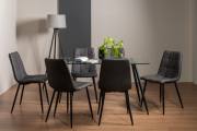 The Bentley Designs Martini Clear Tempered Glass 6 Seater Dining Table & 6 Mondrian Dark Grey Faux Leather Chairs with Sand Black Powder Coated Legs