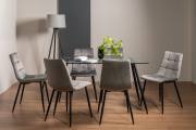 The Bentley Designs Martini Clear Tempered Glass 6 Seater Dining Table & 6 Mondrian Grey Velvet Fabric Chairs with Sand Black Powder Coated Legs