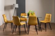 The Bentley Designs Martini Clear Tempered Glass 6 Seater Dining Table & 6 Mondrian Mustard Velvet Fabric Chairs with Sand Black Powder Coated Legs