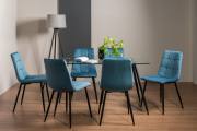 The Bentley Designs Martini Clear Tempered Glass 6 Seater Dining Table & 6 Mondrian Petrol Blue Velvet Fabric Chairs with Sand Black Powder Coated Legs