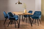 The Bentley Designs  Ramsay Rustic Oak Effect Melamine 6 Seater Dining Table with 4 Legs & 4 Dali Petrol Blue Velvet Fabric Chairs with Sand Black Powder Coated Legs