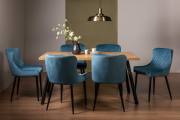 The Bentley Designs Ramsay Rustic Oak Effect Melamine 6 Seater Dining Table with 4 Legs & 6 Cezanne Petrol Blue Velvet Fabric Chairs with Sand Black Powder Coated Legs