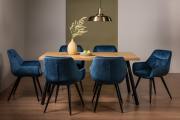 The Bentley Designs Ramsay Rustic Oak Effect Melamine 6 Seater Dining Table with 4 Legs & 6 Dali Petrol Blue Velvet Fabric Chairs with Sand Black Powder Coated Legs