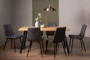 The Bentley Designs  Ramsay Rustic Oak Effect Melamine 6 Seater Dining Table with 4 Legs & 6 Mondrian Dark Grey Faux Leather Chairs with Sand Black Powder Coated Legs