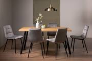 The Bentley Designs  Ramsay Rustic Oak Effect Melamine 6 Seater Dining Table with 4 Legs & 6 Mondrian Grey Velvet Fabric Chairs with Sand Black Powder Coated Legs