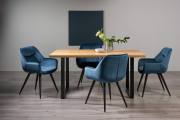 The Bentley Designs Ramsay Rustic Oak Effect Melamine 6 Seater Dining Table with U Leg & 4 Dali Petrol Blue Velvet Fabric Chairs with Sand Black Powder Coated Legs