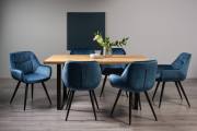 The Bentley Designs Ramsay Rustic Oak Effect Melamine 6 Seater Dining Table with U Leg & 6 Dali Petrol Blue Velvet Chairs with Sand Black Powder Coated Legs