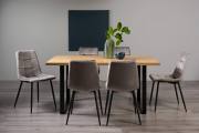 The Bentley Designs Ramsay Rustic Oak Effect Melamine 6 Seater Dining Table with U Leg & 6 Mondrian Grey Velvet Chairs with Sand Black Powder Coated Legs