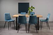 The Bentley Designs  Ramsay Rustic Oak Effect Melamine 6 Seater Dining Table with U Leg & 6 Mondrian Petrol Blue Velvet Chairs with Sand Black Powder Coated Legs