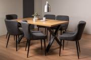 The Bentley Designs Ramsay Rustic Oak Effect Melamine 6 Seater Dining Table with X Leg & 6 Cezanne Dark Grey Faux Leather Chairs with Sand Black Powder Coated Leg