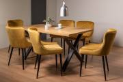 The Bentley Designs  Ramsay Rustic Oak Effect Melamine 6 Seater Dining Table with X Leg & 6 Cezanne Mustard Velvet Fabric Chairs with Sand Black Powder Coated Legs