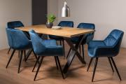 The Bentley Designs Ramsay Rustic Oak Effect Melamine 6 Seater Dining Table with X Leg & 6 Dali Petrol Blue Velvet Fabric Chairs with Sand Black Powder Coated Legs 