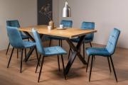 The Bentley Designs Ramsay Rustic Oak Effect Melamine 6 Seater Dining Table with X Leg & 6 Mondrian Petrol Blue Velvet Fabric Chairs with Sand Black Powder Coated Legs