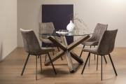The Benley Designs Turin Clear Tempered Glass 4 Seater Dining Table with Dark Oak Legs & 4 Fontana Tan Faux Suede Fabric Chairs with Grey Hand Brushing on Black Powder Legs Black Powder Coated Legs