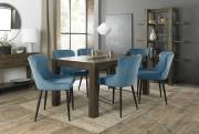 The Bentley Designs Turin Dark Oak 6-8 Seater Table & 6 Cezanne Petrol Blue Velvet Chairs with Sand Black Powder Coated Legs