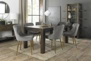 The Bentley Designs Turin Dark Oak 6-8 Seater Table & 6 Cezanne Grey Velvet Fabric Chairs with Matt Gold Plated Legs