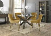The Bentley Designs Turin Glass 4 Seater Dining Table with Dark Oak Legs & 4 Cezanne Mustard Velvet Fabric Chairs with Matt Gold Plated Legs