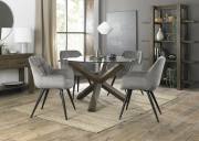 The Bentley Designs  Turin Clear Tempered Glass 4 Seater Dining Table with Dark Oak Legs & 4 Dali Grey Velvet Fabric Chairs with Sand Black Powder Coated Legs
