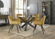 The Bentley Designs Turin Clear Tempered Glass 4 Seater Dining Table with Dark Oak Legs & 4 Dali Mustard Velvet Fabric Chairs with Sand Black Powder Coated Legs