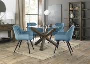 The Bentley Designs  Turin Clear Tempered Glass 4 Seater Dining Table with Dark Oak Legs & 4 Dali Petrol Blue Velvet Fabric Chairs with Sand Black Powder Coated Legs