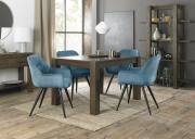 The Bentley Designs Turin Dark Oak 4-6 Seater Table & 4 Dali Petrol Blue Velvet Fabric Chairs with Sand Black Powder Coated Legs