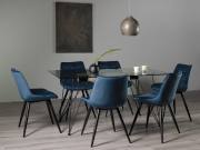 Bentley Designs Miro Clear Tempered Glass 6 Seater Dining Table & 6 Seurat Blue Velvet Fabric Chairs with Sand Black Powder Coated Legs