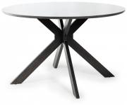 The Bentley Designs Hirst Grey Painted Tempered Glass 4 Seater Dining Table with Grey Hand Brushing on Black Powder Coated Base 