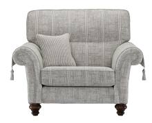 Balmoral Maxi Snuggler Chair shown in Aberdeen Floral Pebble fabric with Scotland Plain outer and Kilmarnock Pinstripe Pebble scatter cushion