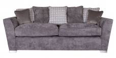 Pictured in Kingston Grey with 3 pillow back cushions in Salute Pattern Silver, scatter cushions in Festival Silver and Chrome feet