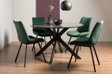 The Bentley Designs Hirst Grey painted Tempered Glass 4 Seater Dining Table & 4 Fontana Green Velvet Fabric Chairs with Grey Hand Brushing on Black Powder Coated Legs 