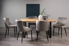 The Bentley Designs  Ramsay Rustic Oak Effect Melamine 6 Seater Dining Table with U Leg & 6 Cezanne Grey Velvet Chairs with Sand Black Powder Coated Legs