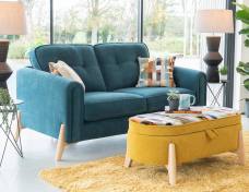 Alstons Sofo 2 seater sofa in fabric 3930 & scatters in 3229 shown with legged Ottoman  