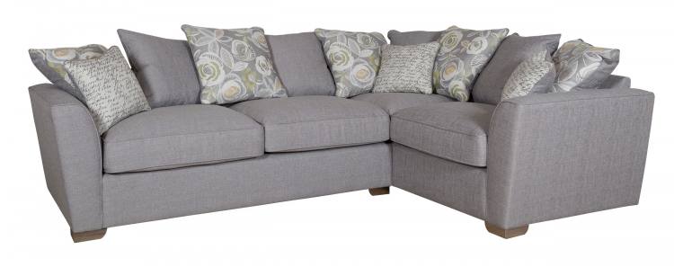 Pictured in Barley Silver with 5 pillows in same fabric, 4 pillows in Camelia Winter and scatter cushions in Script Grey 