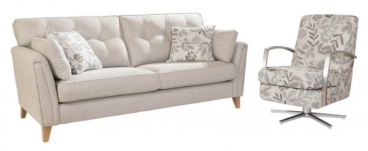 4 seater sofa in fabric fabric 0308, large scatter cushions in 0512 with Light legs. Swivel chair in fabric 0512.