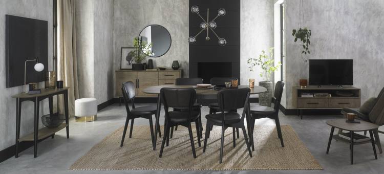 Bentley Designs Vintage Weathered Oak Collection on Display with Old West Vintage Leather Back Chairs