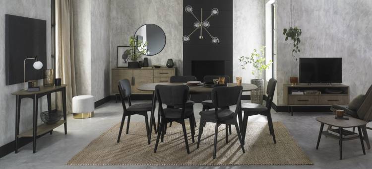 Bentley Designs Vintage Weathered Oak 6-8 Extension Table with Dark Grey Back Chairs