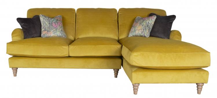 Pictured in Jedi Mustard, scatter cushions in Sublime Asphalt and Courture Multi and Limed Oak Turned legs