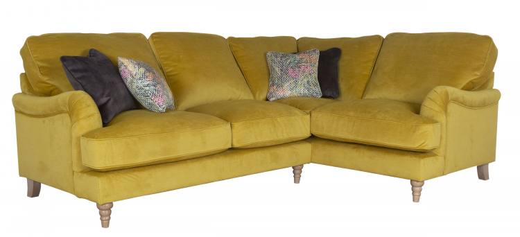 Pictured in Jedi Mustard, scatter cushions in Sublime Asphalt and Courture Multi and Limed Oak Turned legs