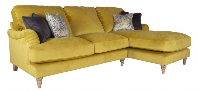 Pictured in Jedi Mustard, scatter cushions in Sublime Asphalt and Courture Multi and Limed Oak Turned legs