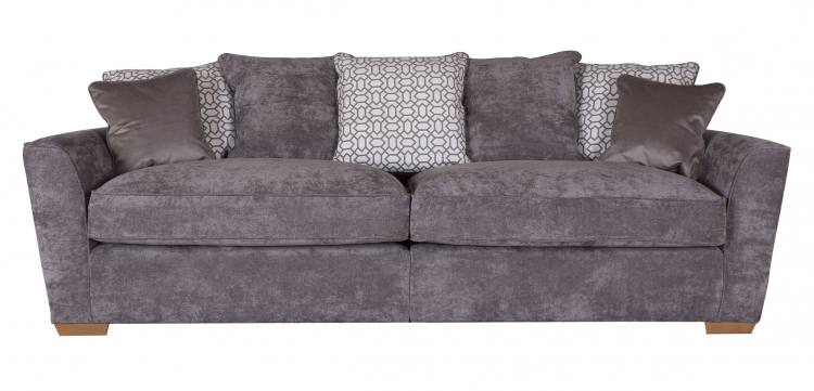 Pictured in Kingston Grey with 3 pillow back cushions in Salute Pattern Silver, scatter cushions in Festival Silver and Light feet 