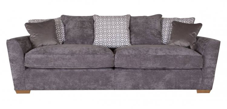 Pictured in Kingston Grey with 3 pillow back cushions in Salute Pattern Silver, scatter cushions in Festival Silver and Light feet