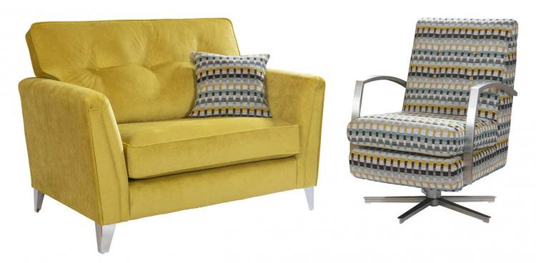 Snuggler in fabric 0273, small scatter cushion in 0023, chrome legs. Swivel chair in fabric 0023.