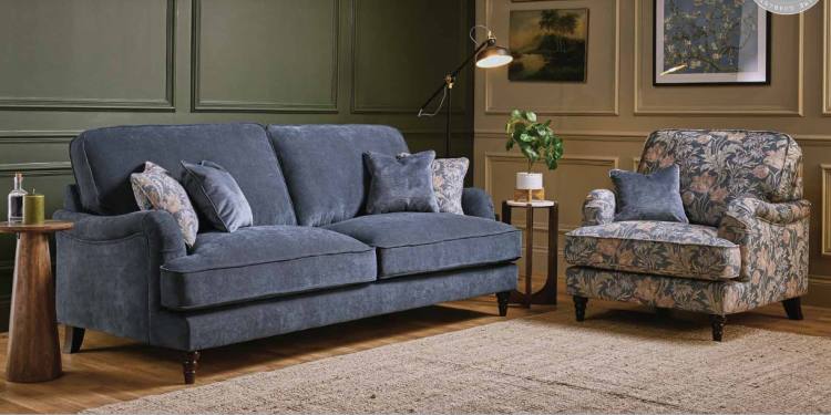 Sofa shown in Freya Deep Water fabric with scatters in Jedi Petrol & Garland Capri 