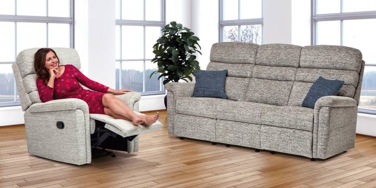 Sofa shown with a manual recliner chair in Lyon Silver 