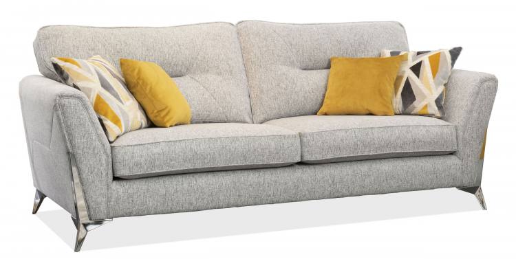 Alstons Artemis Grand sofa pictured in fabric 1378, large scatter cushions in 1133, small scatter cushions in 0443, polished chrome legs.